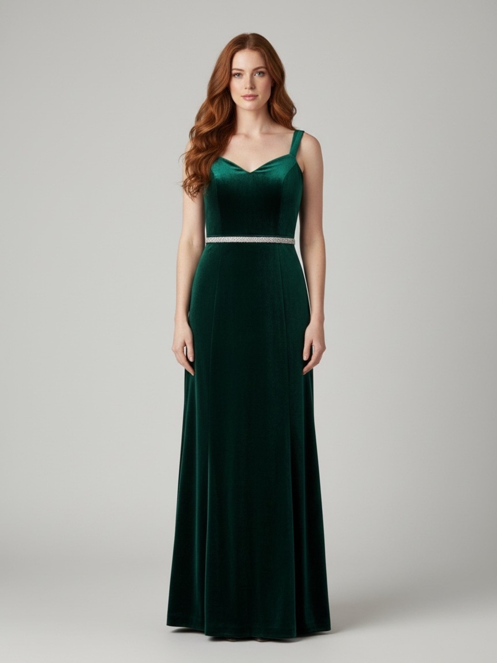 Bill Levkoff Deep Green Velvet Maxi Gown with Rhinestone Waist - Size 10